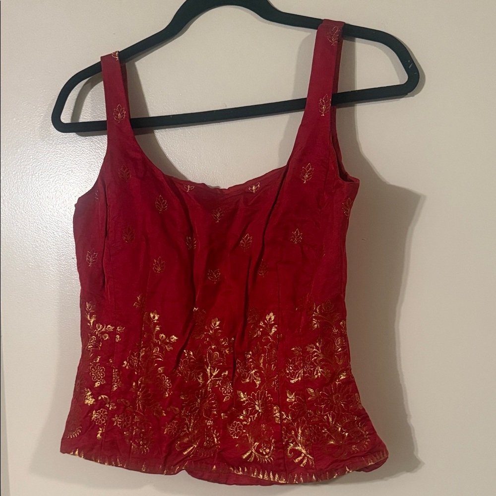 Ann Taylor Red and Gold Embroidered Blouse